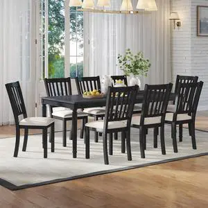 9-Piece Farmhouse Dining Table Set for 8, 79" Rectangular Kitchen Table with 8 Upholstered Chairs, Solid Rubberwood Frame, Roman Conical Legs, Grey 9-Piece Farmhouse Dining Table Set for 8, 79" Rectangular Kitchen Table with 8 Upholstered Chairs, Solid Rubberwood Frame, Roman Conical Legs, Grey