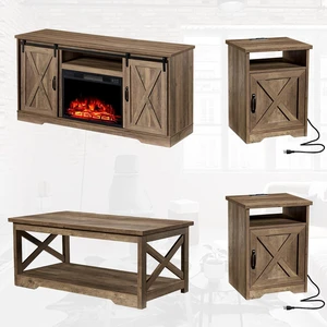 5-Piece Farmhouse Table Set Includes Fireplace TV Stand, Coffee Table& Two End Tables with Charging Station and USB Ports, for Living Room, Barnwood 5-Piece Farmhouse Table Set Includes Fireplace TV Stand, Coffee Table& Two End Tables with Charging Station and USB Ports, for Living Room, Barnwood