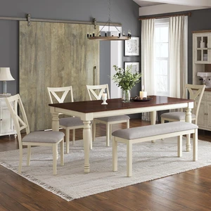 6-Piece Farmhouse Dining Table Set for 6-7, 71" Solid Wood Kitchen Table and Chairs, 1 Dining Table, 4 Upholstered Chairs and 1 Bench, Rustic Dining Room Set, Rustic White 6-Piece Farmhouse Dining Table Set for 6-7, 71" Solid Wood Kitchen Table and Chairs, 1 Dining Table, 4 Upholstered Chairs and 1 Bench, Rustic Dining Room Set, Rustic White