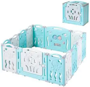 Baby Fence Play Yard Baby Playpen 14 Panels - Kids Safety Play Center Yard Game Panel and Gate with Safety Lock Adjustable Shape for Children Toddlers Indoors or Outdoors 25 Sq Ft(Blue+White) Baby Fence Play Yard Baby Playpen 14 Panels - Kids Safety Play Center Yard Game Panel and Gate with Safety Lock Adjustable Shape for Children Toddlers Indoors or Outdoors 25 Sq Ft(Blue+White)