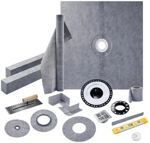Shower Curb Kit with Complete Shower Kit- Tray, Curb, Membrane, Seals, ABS Bonding Flange, Corners, Trowel & Level, 72" x 72" Tray, Center Outlet Position Shower Curb Kit with Complete Shower Kit- Tray, Curb, Membrane, Seals, ABS Bonding Flange, Corners, Trowel & Level, 72" x 72" Tray, Center Outlet Position