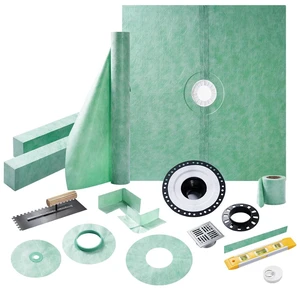 Shower Curb Kit with Complete Shower Kit- Tray, Curb, Membrane, Seals, Bonding Flange, Corners, Trowel & Level, 72" x 72" Tray, Center Outlet Position Shower Curb Kit with Complete Shower Kit- Tray, Curb, Membrane, Seals, Bonding Flange, Corners, Trowel & Level, 72" x 72" Tray, Center Outlet Position