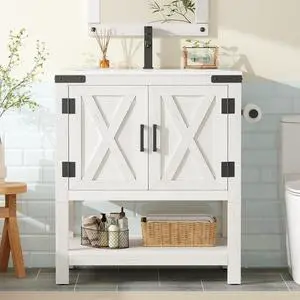 24" Farmhouse Bathroom Vanity with Sink Combo, Wood Barn Doors & Open Shelf, Freestanding Single Bathroom Storage Cabinet, Paper Towel Holder, Easy-Clean Countertop, Antique White 24" Farmhouse Bathroom Vanity with Sink Combo, Wood Barn Doors & Open Shelf, Freestanding Single Bathroom Storage Cabinet, Paper Towel Holder, Easy-Clean Countertop, Antique White