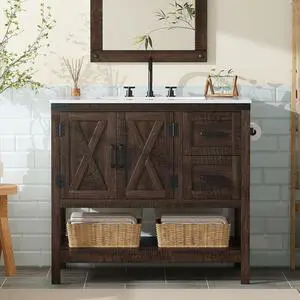 36" Farmhouse Bathroom Vanity with Sink Combo, Freestanding Small Single Wood Barn Door Bath Storage Cabinet Set with Sliding Drawers & Open Shelf, Paper Towel Holder, Rustic Brown 36" Farmhouse Bathroom Vanity with Sink Combo, Freestanding Small Single Wood Barn Door Bath Storage Cabinet Set with Sliding Drawers & Open Shelf, Paper Towel Holder, Rustic Brown