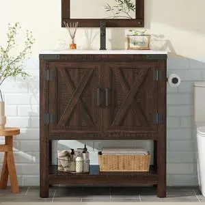24" Farmhouse Bathroom Vanity with Sink Combo, Wood Barn Doors & Open Shelf, Freestanding Single Bathroom Storage Cabinet, Paper Towel Holder, Easy-Clean Countertop, Rustic Brown 24" Farmhouse Bathroom Vanity with Sink Combo, Wood Barn Doors & Open Shelf, Freestanding Single Bathroom Storage Cabinet, Paper Towel Holder, Easy-Clean Countertop, Rustic Brown