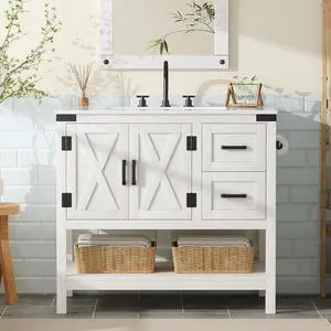 36" Farmhouse Bathroom Vanity with Sink Combo, Wood Barn Door Freestanding Small Single Bath Storage Cabinet Set with Sliding Drawers & Open Shelf, Paper Towel Holder, Antique White 36" Farmhouse Bathroom Vanity with Sink Combo, Wood Barn Door Freestanding Small Single Bath Storage Cabinet Set with Sliding Drawers & Open Shelf, Paper Towel Holder, Antique White