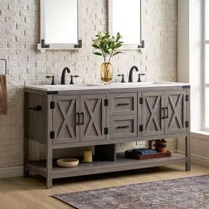 60 Farmhouse Bathroom Vanity with Double Sink, Freestanding Cabinet with 2 Drawers, 4 Barn Doors & Open Shelf, Rustic Storage for Master or Family Bathroom, Light Gray 60 Farmhouse Bathroom Vanity with Double Sink, Freestanding Cabinet with 2 Drawers, 4 Barn Doors & Open Shelf, Rustic Storage for Master or Family Bathroom, Light Gray