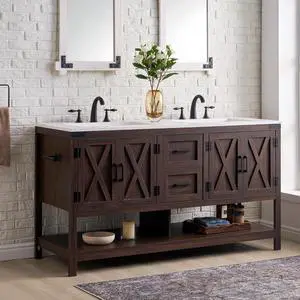 60" Bathroom Vanity with Double Sink, Farmhouse Freestanding Vanity Cabinet with Sink, 2 Drawers, 4 Barn Doors, Open Shelf, Rustic Storage for Master or Family Bathroom, Rustic Brown 60" Bathroom Vanity with Double Sink, Farmhouse Freestanding Vanity Cabinet with Sink, 2 Drawers, 4 Barn Doors, Open Shelf, Rustic Storage for Master or Family Bathroom, Rustic Brown