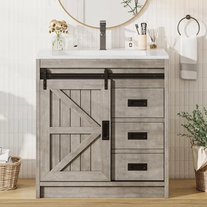Farmhouse Bathroom Vanity with Sink Combo, 30in Sliding Barn Door Bathroom Vanity Cabinet Set with Storage Drawers, Metal Handles, Small Single Bath Storage Vanity Sink, Light Grey Farmhouse Bathroom Vanity with Sink Combo, 30in Sliding Barn Door Bathroom Vanity Cabinet Set with Storage Drawers, Metal Handles, Small Single Bath Storage Vanity Sink, Light Grey