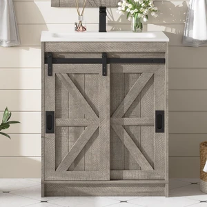 24'' Farmhouse Bathroom Vanity with Sink, Freestanding Small Bathroom Vanity Cabinet, Single Sink Combo with Sliding Barn Doors, U-Shaped Storage Shelf, Light Grey 24'' Farmhouse Bathroom Vanity with Sink, Freestanding Small Bathroom Vanity Cabinet, Single Sink Combo with Sliding Barn Doors, U-Shaped Storage Shelf, Light Grey