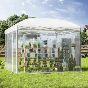 10×10×8.5 FT Portable Walk-in Greenhouse for Indoor & Outdoor Use, Pop-Up Greenhouse with Adjustable Reinforced Frame, Roll-Up Zipper Doors, Ventilation Windows & PE Cover, White 10×10×8.5 FT Portable Walk-in Greenhouse for Indoor & Outdoor Use, Pop-Up Greenhouse with Adjustable Reinforced Frame, Roll-Up Zipper Doors, Ventilation Windows & PE Cover, White