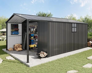 10x16.6x7.3 FT Outdoor Storage Shed with Lounge Area, Metal Shed with Sliding Doors, 2 4-Pane Windows & 4 Vents, Heavy-Duty Weather-Resistant Steel for Backyard & Garden, Dark Gray 10x16.6x7.3 FT Outdoor Storage Shed with Lounge Area, Metal Shed with Sliding Doors, 2 4-Pane Windows & 4 Vents, Heavy-Duty Weather-Resistant Steel for Backyard & Garden, Dark Gray