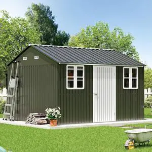 10 x 12 FT Outdoor Storage Shed, Nordic Cottage Metal Shed with Lockable Hinged Door, 2 Windows, Waterproof Storage Shed for Backyard, Garden, Patio, Dark Grey/White 10 x 12 FT Outdoor Storage Shed, Nordic Cottage Metal Shed with Lockable Hinged Door, 2 Windows, Waterproof Storage Shed for Backyard, Garden, Patio, Dark Grey/White