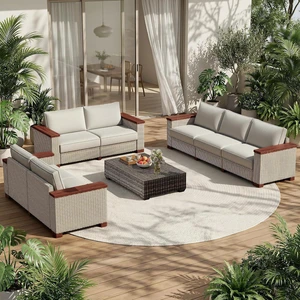 7-Piece Wicker Patio Furniture Set with Solid Wood Armrest, Outdoor Patio Set with Thick Legs, UV-Resistant Modular Outdoor Sectional Sofa for Backyard, Porch, Garden 7-Piece Wicker Patio Furniture Set with Solid Wood Armrest, Outdoor Patio Set with Thick Legs, UV-Resistant Modular Outdoor Sectional Sofa for Backyard, Porch, Garden
