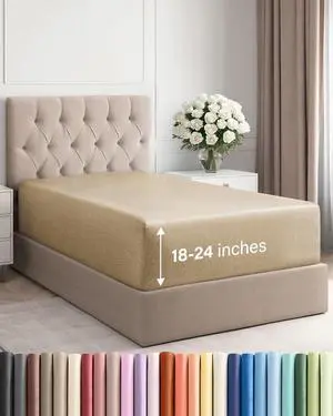 Extra Deep Twin Fitted Sheet - Hotel Luxury Single Fitted Sheet Only - Easily Fits 18 inch to 24 inch Mattress - Ultra Soft, Wrinkle Free with Extra Deep Pockets - Breathable & Comfy - Heathered Tan Extra Deep Twin Fitted Sheet - Hotel Luxury Single Fitted Sheet Only - Easily Fits 18 inch to 24 inch Mattress - Ultra Soft, Wrinkle Free with Extra Deep Pockets - Breathable & Comfy - Heathered Tan