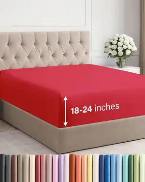 Extra Deep Full Fitted Sheet - Hotel Luxury Single Fitted Sheet Only - Easily Fits 18 inch to 24 inch Mattress - Ultra Soft, Wrinkle Free with Extra Deep Pockets - Easy-Care, Breathable & Comfy - Red Extra Deep Full Fitted Sheet - Hotel Luxury Single Fitted Sheet Only - Easily Fits 18 inch to 24 inch Mattress - Ultra Soft, Wrinkle Free with Extra Deep Pockets - Easy-Care, Breathable & Comfy - Red