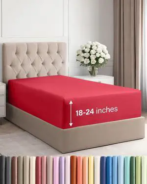 Extra Deep Twin XL Fitted Sheet - College Dorm Bed Single Fitted Sheet Only w/Extra Deep Pockets - Ultra-Soft & Breathable - Easily Fits 18 to 24 inch Mattress - Wrinkle Free & Fade Resistant - Red Extra Deep Twin XL Fitted Sheet - College Dorm Bed Single Fitted Sheet Only w/Extra Deep Pockets - Ultra-Soft & Breathable - Easily Fits 18 to 24 inch Mattress - Wrinkle Free & Fade Resistant - Red