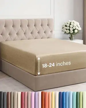 Extra Deep King Fitted Sheet - Hotel Luxury Single Fitted Sheet Only - Easily Fits 18 inch to 24 inch Mattress - Ultra Soft, Wrinkle Free with Extra Deep Pockets - Breathable & Comfy - Heathered Tan Extra Deep King Fitted Sheet - Hotel Luxury Single Fitted Sheet Only - Easily Fits 18 inch to 24 inch Mattress - Ultra Soft, Wrinkle Free with Extra Deep Pockets - Breathable & Comfy - Heathered Tan