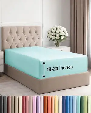 Extra Deep Twin Fitted Sheet - Hotel Luxury Single Fitted Sheet Only - Easily Fits 18 inch to 24 inch Mattress - Ultra Soft, Wrinkle & Fade Free w/Extra Deep Pockets - Breathable & Comfy - Spa Blue Extra Deep Twin Fitted Sheet - Hotel Luxury Single Fitted Sheet Only - Easily Fits 18 inch to 24 inch Mattress - Ultra Soft, Wrinkle & Fade Free w/Extra Deep Pockets - Breathable & Comfy - Spa Blue