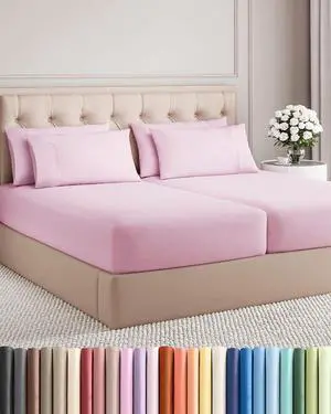 Split King 7 Piece Sheet Set - Comfy Breathable & Cooling - Soft Hotel Luxury Bedding Set with 8-16 Inch Deep Pockets - 1 Flat & 2 Fitted Sheet & 4 Pillowcases - Wrinkle Free & Easy Care - Light Pink Split King 7 Piece Sheet Set - Comfy Breathable & Cooling - Soft Hotel Luxury Bedding Set with 8-16 Inch Deep Pockets - 1 Flat & 2 Fitted Sheet & 4 Pillowcases - Wrinkle Free & Easy Care - Light Pink