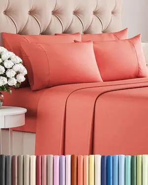Cal King 6 Piece Sheet Set - Comfy Breathable & Cooling - Ultra-Soft Hotel Luxury Bedding Set with 8-16 Inch Deep Pockets - 1 Flat & 1 Fitted Sheet & 4 Pillowcases - Wrinkle Free & Easy Care - Coral Cal King 6 Piece Sheet Set - Comfy Breathable & Cooling - Ultra-Soft Hotel Luxury Bedding Set with 8-16 Inch Deep Pockets - 1 Flat & 1 Fitted Sheet & 4 Pillowcases - Wrinkle Free & Easy Care - Coral