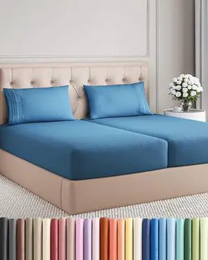 Split King Size 5 Piece Sheet Set - Comfy Breathable & Cooling Sheets - Hotel Luxury Bed Sheets for Women & Men - Deep Pockets, Easy-Fit, Soft & Wrinkle Free Sheets - Denim Blue Oeko-Tex Bed Sheet Set Split King Size 5 Piece Sheet Set - Comfy Breathable & Cooling Sheets - Hotel Luxury Bed Sheets for Women & Men - Deep Pockets, Easy-Fit, Soft & Wrinkle Free Sheets - Denim Blue Oeko-Tex Bed Sheet Set