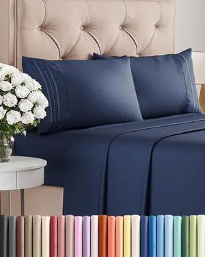 King Size 4 Piece Sheet Set - Comfy Breathable & Cooling Sheets - Hotel Luxury Bed Sheets for Women & Men - Deep Pockets, Easy-Fit, Extra Soft & Wrinkle Free Sheets - Navy Blue Oeko-Tex Bed Sheet Set King Size 4 Piece Sheet Set - Comfy Breathable & Cooling Sheets - Hotel Luxury Bed Sheets for Women & Men - Deep Pockets, Easy-Fit, Extra Soft & Wrinkle Free Sheets - Navy Blue Oeko-Tex Bed Sheet Set