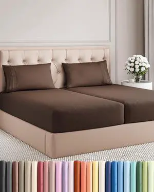 Split King Size 5 Piece Sheet Set - Comfy Breathable & Cooling Sheets - Hotel Luxury Bed Sheets for Women & Men - Deep Pockets, Easy-Fit, Soft and Wrinkle Free Sheets - Brown Oeko-Tex Bed Sheet Set Split King Size 5 Piece Sheet Set - Comfy Breathable & Cooling Sheets - Hotel Luxury Bed Sheets for Women & Men - Deep Pockets, Easy-Fit, Soft and Wrinkle Free Sheets - Brown Oeko-Tex Bed Sheet Set