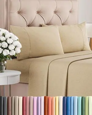 Queen Size 4 Piece Hotel Luxury Bed Sheet Set - Breathable, Cooling, Deep Pocket, Easy-Fit, Soft & Wrinkle Free - Heathered Tan Queen Size 4 Piece Hotel Luxury Bed Sheet Set - Breathable, Cooling, Deep Pocket, Easy-Fit, Soft & Wrinkle Free - Heathered Tan