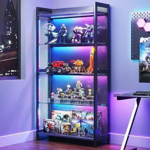 AODK Display Case with Glass Shelves, 4-Tier Display Cabinet with RGB Lights and Industrial Metal Mesh, Black Display Shelf AODK Display Case with Glass Shelves, 4-Tier Display Cabinet with RGB Lights and Industrial Metal Mesh, Black Display Shelf