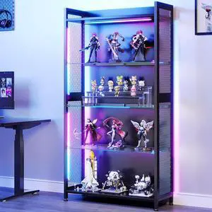AODK Display Case with Open Glass Shelves, RGB Light Display Cabinet with Storage Shelves and Industrial Metal Mesh, 4-Tier Display Shelf for Collectibles, Curio Cabinet, Black Bookcase AODK Display Case with Open Glass Shelves, RGB Light Display Cabinet with Storage Shelves and Industrial Metal Mesh, 4-Tier Display Shelf for Collectibles, Curio Cabinet, Black Bookcase