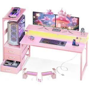 AODK 59 Inch Gaming Desk with USB Charging Ports & LED Light- Reversible Computer Desk with Storage Shelves & Monitor Stand, Modern Gamer Desk Table with Fabric Drawers, Pink AODK 59 Inch Gaming Desk with USB Charging Ports & LED Light- Reversible Computer Desk with Storage Shelves & Monitor Stand, Modern Gamer Desk Table with Fabric Drawers, Pink