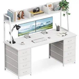 AODK 54" Computer Desk with Hutch and 8 Fabric Storage Drawers, Modern Home Office Desk with Storage Shelves and Hutch, Sturdy Study Writing Table for Teens, College Students, Small Spaces, White AODK 54" Computer Desk with Hutch and 8 Fabric Storage Drawers, Modern Home Office Desk with Storage Shelves and Hutch, Sturdy Study Writing Table for Teens, College Students, Small Spaces, White