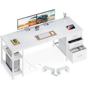 AODK 63 Inch Computer Desk with Drawers & USB Power Outlets, Reversible Home Office Desk with Storage Shelves, Work from Home, Modern Work/Writing/Study Table for Bedroom, White AODK 63 Inch Computer Desk with Drawers & USB Power Outlets, Reversible Home Office Desk with Storage Shelves, Work from Home, Modern Work/Writing/Study Table for Bedroom, White