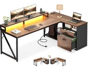 AODK L Shaped Desk with Wooden Drawers & Locking File Cabinet, 61 Inch Large Executive Desk with Power Outlet, Led Computer Desk with Storage, Corner Office desk with Monitor Stand & CPU Stand, Walnut AODK L Shaped Desk with Wooden Drawers & Locking File Cabinet, 61 Inch Large Executive Desk with Power Outlet, Led Computer Desk with Storage, Corner Office desk with Monitor Stand & CPU Stand, Walnut