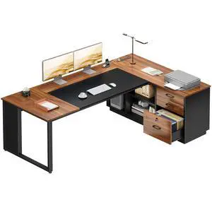 AODK 71 Inch L Shaped Executive Desk with Drawers and File Cabinet, Large Office Desk with Storage Shelves, Corner Computer Desk for Home Office, Walnut + Black AODK 71 Inch L Shaped Executive Desk with Drawers and File Cabinet, Large Office Desk with Storage Shelves, Corner Computer Desk for Home Office, Walnut + Black