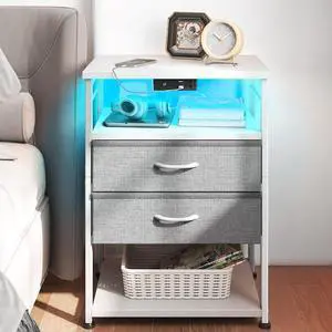 AODK Night Stand with Charging Station and LED Lights, 27.6 Inch Bed Side Table with 2 Drawers and Open Shelf, Bedside Table for Bedroom, Living Room, White & Light Grey AODK Night Stand with Charging Station and LED Lights, 27.6 Inch Bed Side Table with 2 Drawers and Open Shelf, Bedside Table for Bedroom, Living Room, White & Light Grey