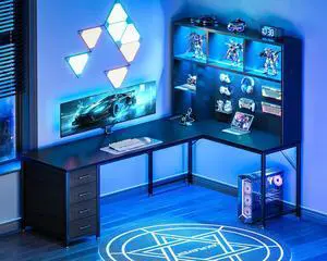 AODK 71" L Shaped Gaming Desk with Hutch, Pegboard & Shelves, L Shaped Desk with 4 Drawers, Integrated LED Light Strip & Power Outlets, Reversible PC Gaming Computer Desk, Black AODK 71" L Shaped Gaming Desk with Hutch, Pegboard & Shelves, L Shaped Desk with 4 Drawers, Integrated LED Light Strip & Power Outlets, Reversible PC Gaming Computer Desk, Black