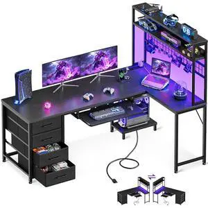 AODK 59 Inch L Shaped Desk with 4 Drawers, Gaming Desk with Led Lights & Power Outlets, Computer Desk with Pegboard & Keyboard Tray, Reverisble Home Office Desk with Storage Shelves & CPU Stand, Black AODK 59 Inch L Shaped Desk with 4 Drawers, Gaming Desk with Led Lights & Power Outlets, Computer Desk with Pegboard & Keyboard Tray, Reverisble Home Office Desk with Storage Shelves & CPU Stand, Black