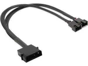 10 Inch Black Sleeved Molex LP4 to Dual 3/4 Pin PWM Fan Y Splitter Cable 10 Inch Black Sleeved Molex LP4 to Dual 3/4 Pin PWM Fan Y Splitter Cable