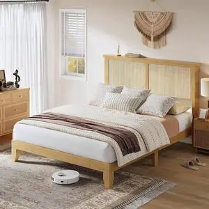 Patikuin King Size Rattan Bed Frame with LED Lights, Bohemian Platform Bed Frame King with Natural Grass Rattan Headboard, Wooden Legs, No Box Spring Needed, Easy Assembly Patikuin King Size Rattan Bed Frame with LED Lights, Bohemian Platform Bed Frame King with Natural Grass Rattan Headboard, Wooden Legs, No Box Spring Needed, Easy Assembly