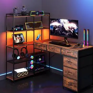 Spacious L-Shaped Gaming Computer Desk with 6 Fabric Drawers, 5-Tier Open Storage Shelves, LED Lights & Power Outlets Modern Home Office Corner Workstation, Sturdy Wooden Table, Rustic Brown Spacious L-Shaped Gaming Computer Desk with 6 Fabric Drawers, 5-Tier Open Storage Shelves, LED Lights & Power Outlets Modern Home Office Corner Workstation, Sturdy Wooden Table, Rustic Brown