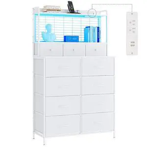 Patikuin Rustic Dresser with Charging Station & RGB LED Lights, 11-Drawer Vertical Storage for Nursery, Bedroom, Closet, Anti-Tipping Wood Grain Organizer, White Patikuin Rustic Dresser with Charging Station & RGB LED Lights, 11-Drawer Vertical Storage for Nursery, Bedroom, Closet, Anti-Tipping Wood Grain Organizer, White