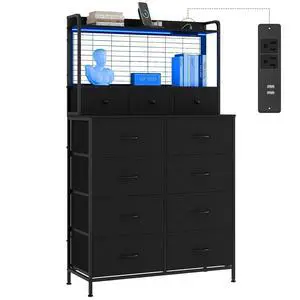 Patikuin Rustic Dresser with Charging Station & RGB LED Lights, 11-Drawer Vertical Storage for Nursery, Bedroom, Closet, Anti-Tipping Wood Grain Organizer, Black Patikuin Rustic Dresser with Charging Station & RGB LED Lights, 11-Drawer Vertical Storage for Nursery, Bedroom, Closet, Anti-Tipping Wood Grain Organizer, Black