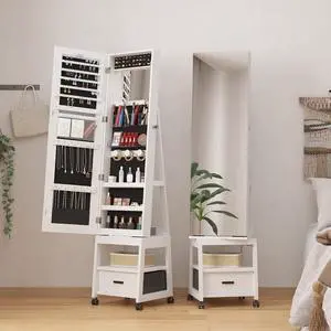 Patikuin Lockable Jewelry Cabinet with Full-Length & Vanity Mirror, 360° Swivel Standing Jewelry Armoire with LED Lights, Storage Drawers and 360° Lockable Wheels Patikuin Lockable Jewelry Cabinet with Full-Length & Vanity Mirror, 360° Swivel Standing Jewelry Armoire with LED Lights, Storage Drawers and 360° Lockable Wheels
