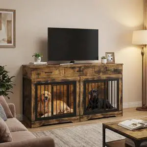 Extra Large Double Dog Crate Furniture 70.9" Heavy Duty Wooden Kennel for 2 Medium or Large Dogs, Decorative End Table with 3 Drawers, TV Stand, Indoor Dog Cage with Double Doors Extra Large Double Dog Crate Furniture 70.9" Heavy Duty Wooden Kennel for 2 Medium or Large Dogs, Decorative End Table with 3 Drawers, TV Stand, Indoor Dog Cage with Double Doors