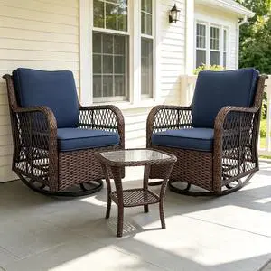 Patikuin 3-Piece Outdoor Wicker Glider Chair Set, 360° Swivel Rocking Patio Chairs with 4" Thick Cushions & Tempered Glass Coffee Table, Bistro Furniture for Porch, Deck, Balcony Patikuin 3-Piece Outdoor Wicker Glider Chair Set, 360° Swivel Rocking Patio Chairs with 4" Thick Cushions & Tempered Glass Coffee Table, Bistro Furniture for Porch, Deck, Balcony