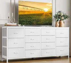 Patikuin 63" W White Dresser TV Stand for 65 70 75 Inch TV, 14 Drawer for Bedroom with Power Outlets, Large Long Fabric Dresser Entertainment Center Patikuin 63" W White Dresser TV Stand for 65 70 75 Inch TV, 14 Drawer for Bedroom with Power Outlets, Large Long Fabric Dresser Entertainment Center