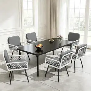 Patikuin 7-Piece Outdoor Dining Set, 59" Tempered Glass Table with Metal Frame & 6 PE Rattan Chairs, Patio Furniture with Cushions for Backyard, Garden, Poolside Patikuin 7-Piece Outdoor Dining Set, 59" Tempered Glass Table with Metal Frame & 6 PE Rattan Chairs, Patio Furniture with Cushions for Backyard, Garden, Poolside