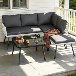 Patikuin 4-Piece L-Shaped Wicker Outdoor Furniture Set, Patio Sectional Sofa with Handmade Rattan, Metal Frame, Coffee Table & Ottoman, Grey Cushions Patikuin 4-Piece L-Shaped Wicker Outdoor Furniture Set, Patio Sectional Sofa with Handmade Rattan, Metal Frame, Coffee Table & Ottoman, Grey Cushions